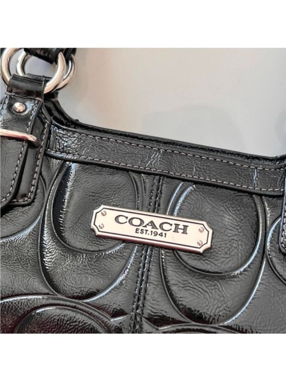 Coach Gallery Embossed Patent Leather Tote Shoulder City Bag Black Y2K - Picture 3 of 16